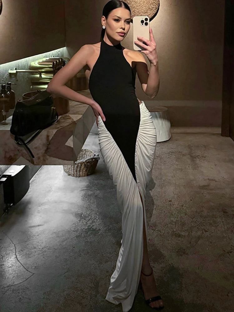 Nibber Backless Folds Maxi Dress Women Black White Patchwork Peach Butt Halter Slit Summer Trend Temperament Clubwear Vestidos Aviola