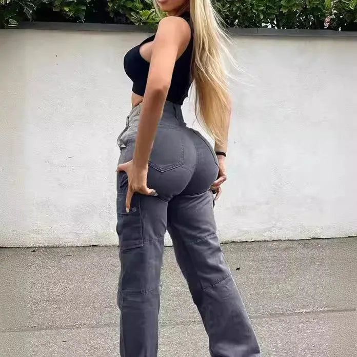 Women Jeans Spliced Cargo Denim Pants Ankle Length Jean Pockets High Waist Washed Loose Solid Straight Pant Basics Casual Aviola