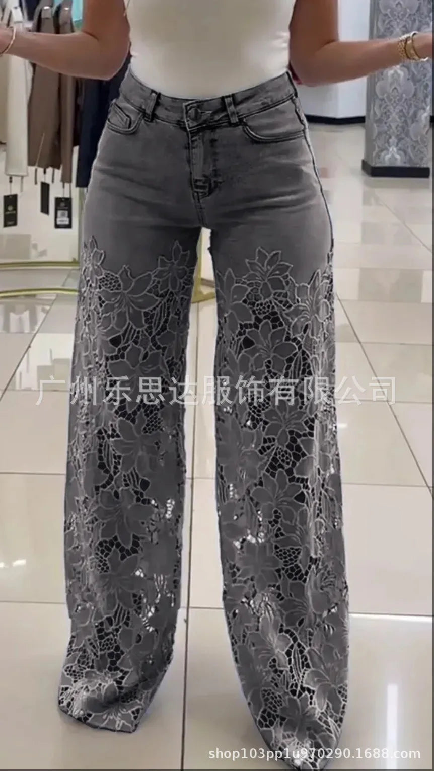Denim Pant Women Mom Jeans Hollow Out Long Pants Floral Slim High Waist Straight Trousers Y2k Streetwear Elegant Temperament Aviola