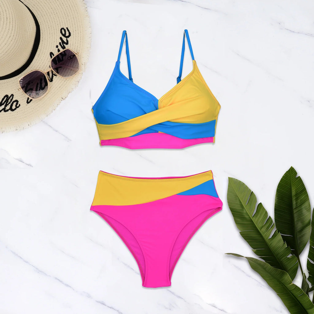 New Sexy High Waist Bikini 2025 Cross Backless Women Swimsuit Patchwork Tight Beachwear Bikini Set Seaside Sling Pool Swimwear Aviola