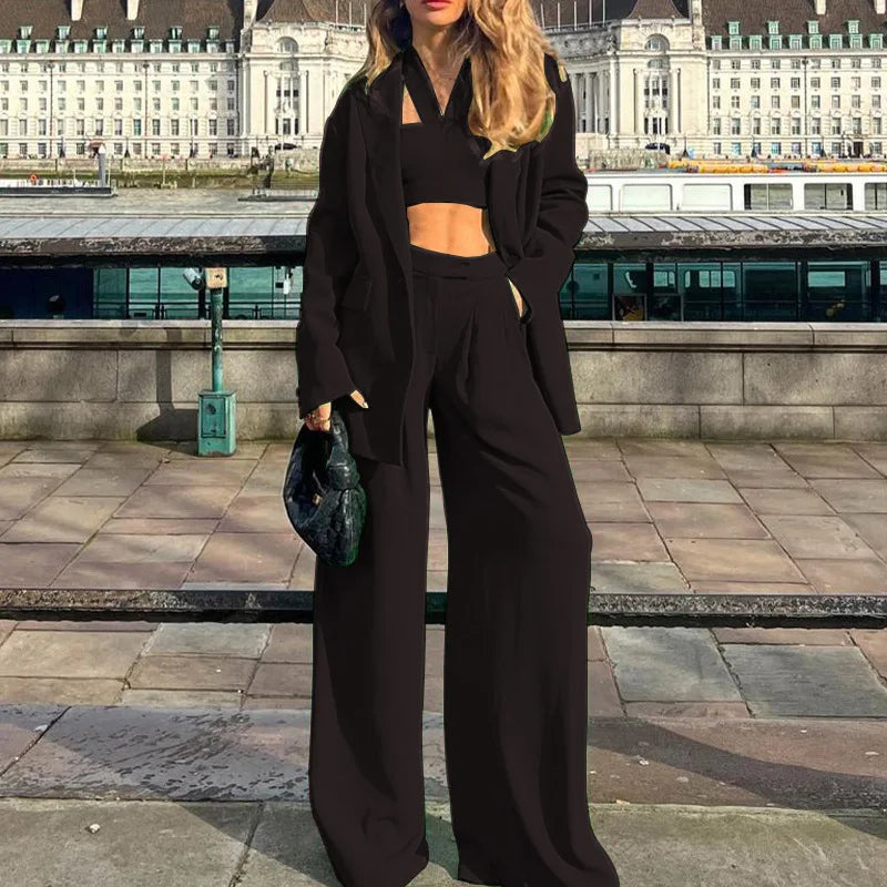 Women Tracksuit Three Pieces Set Turn Down Collar Cardigan Single Button Solid Outerwear Pockets Wide Leg Pants Office Lady Aviola