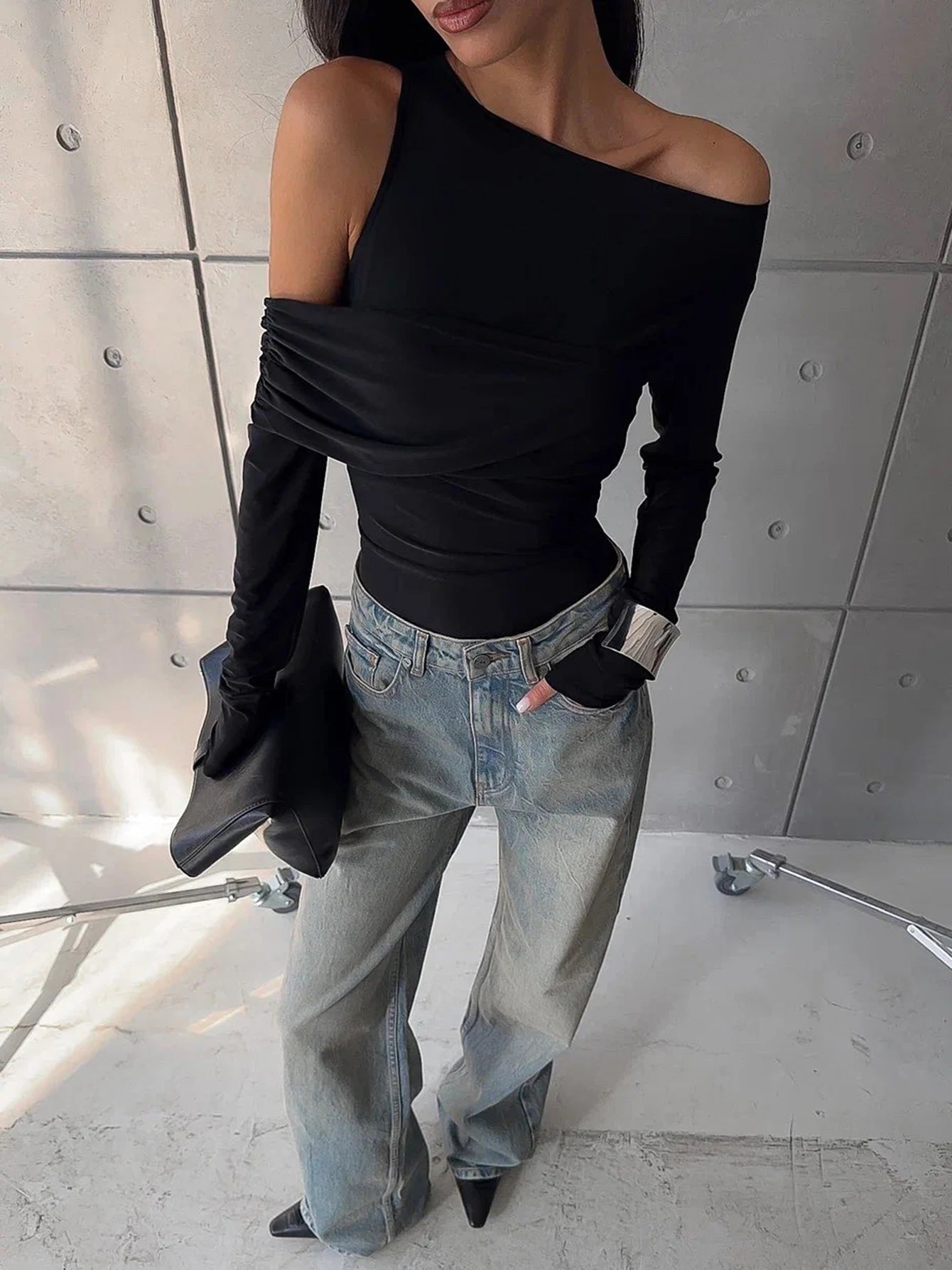 Nibber Elegant Woman Top Autumn Irregular Off Shoulder Stretch Street Fashion Blouse Simple Stylish Versatile Daily t-Shirt Aviola