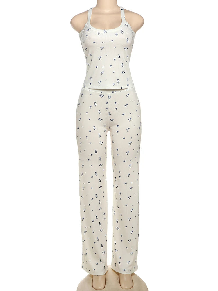 Nibber Comfy Casual Ribbed 2 Piece Set Women Flower Print Squard Collar Tops+Straight Pants Matching Daily Simple Elegant Suits Aviola