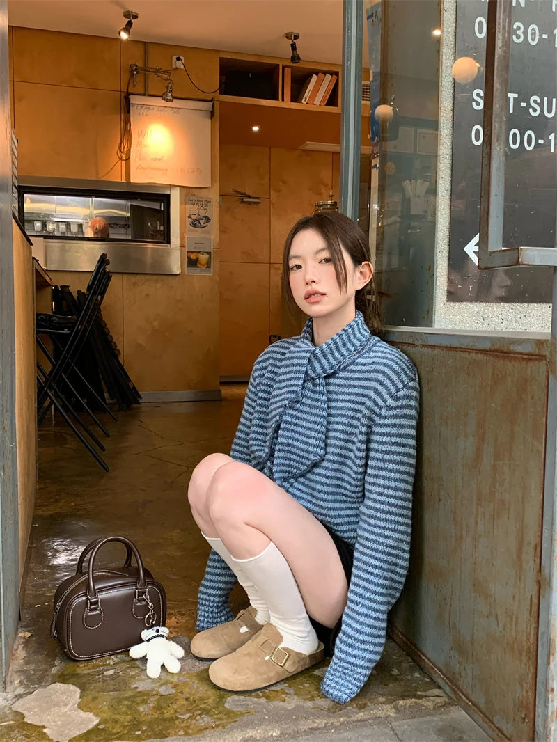 MEXZT Vintage Striped Knitted Cardigan Women Elegant Scarf Sweater Outerwears Korean Long Sleeve Knitwears Winter Casual Jumpers Aviola
