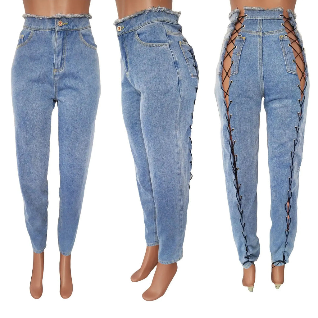 Ankle Length Jeans Hollow Spliced Sexy Jean Pencil Denim Pants Women Solid Washed Skinny Pockets High Waist Punk Style 2025 Aviola