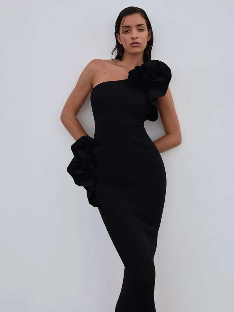 Nibber Casual Strapless Maxi Dress Women Ruched 3d Flowers Diagonal Collar Backless Holiday Crochet Elegant Fashion Vestidos Aviola