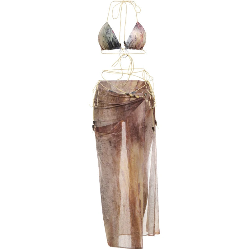 Nibber Lace-Up Women 3-Piece Set Sexy Mini Metal Ring Bra+Sexy Short+Hollow Side Slit Bead See Through Skirts Beach Party Bikini Aviola