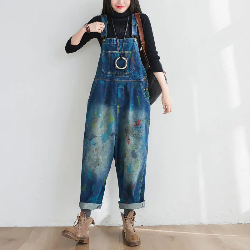 Washed Print Overalls Distressed Women Wide Leg Denim Pants Ankle Length Jean Loose Vintage Jeans Spliced One Piece Casual Aviola