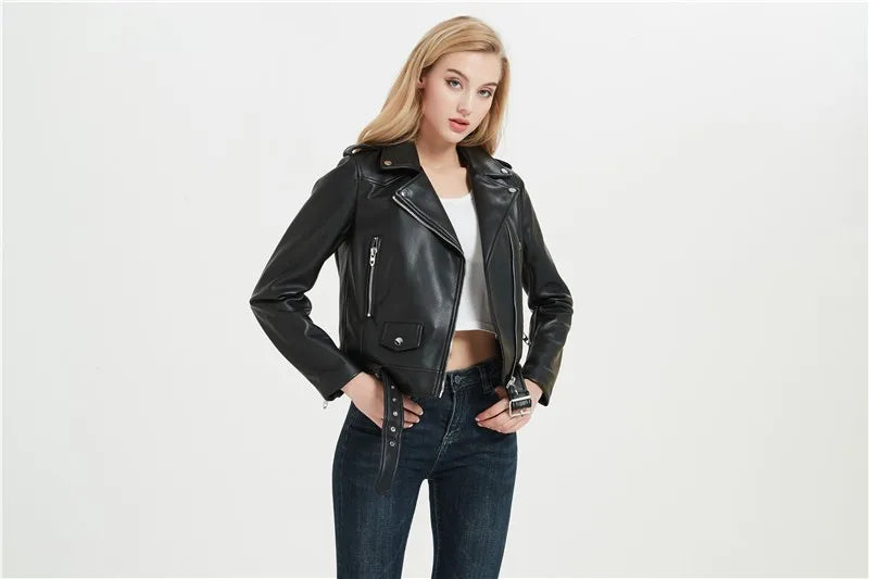 RARF Spring and Autumn 2025 New faux leather PU jacket with belt women's lapel motorcycle jacket black zip biker jacket Aviola