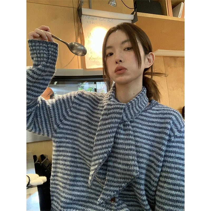 MEXZT Vintage Striped Knitted Cardigan Women Elegant Scarf Sweater Outerwears Korean Long Sleeve Knitwears Winter Casual Jumpers Aviola