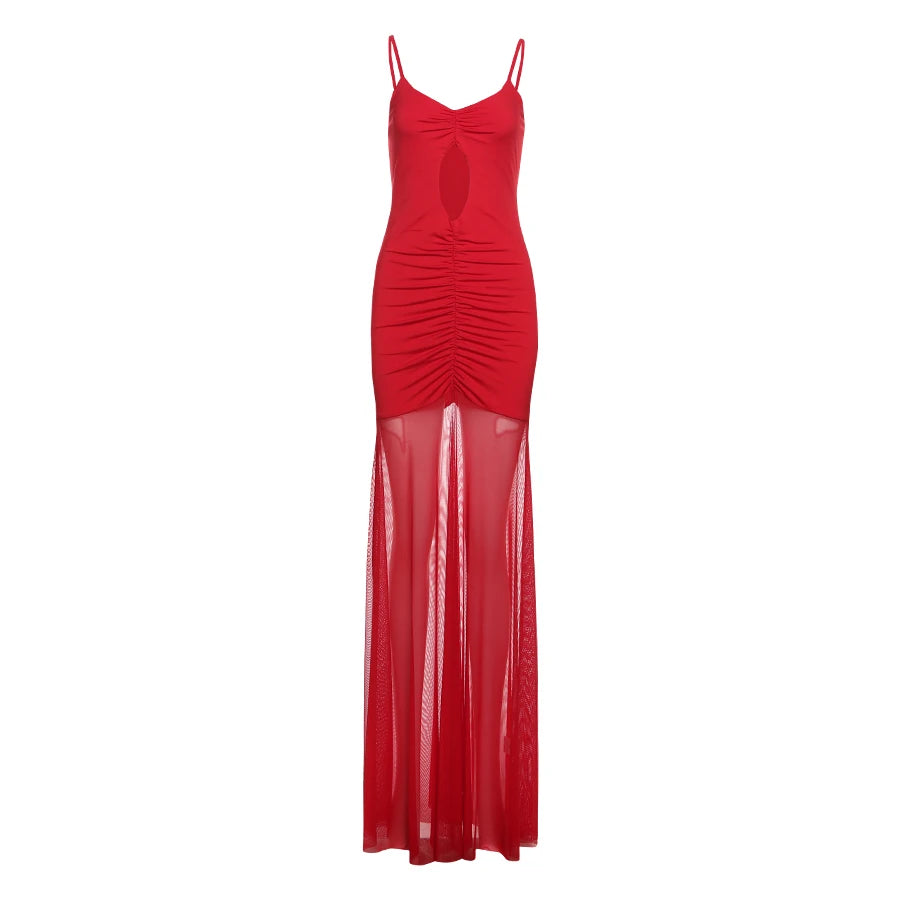 Nibber Hollow Elegant Sexy Maxi Dress Women Low-Neck Off Shoulder Backless Mesh See Through Hem Vacation Beach Party Outfits Aviola