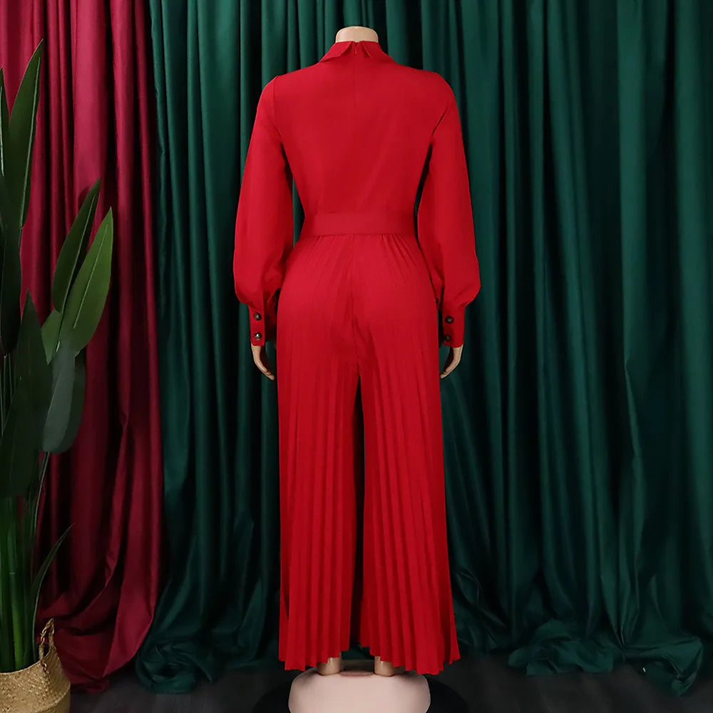 pleated Jumpsuits Women Single Breasted Long Sleeve Rompers Overalls Wide Leg Pants Spliced Sashes Slim Fit One Piece Button Aviola