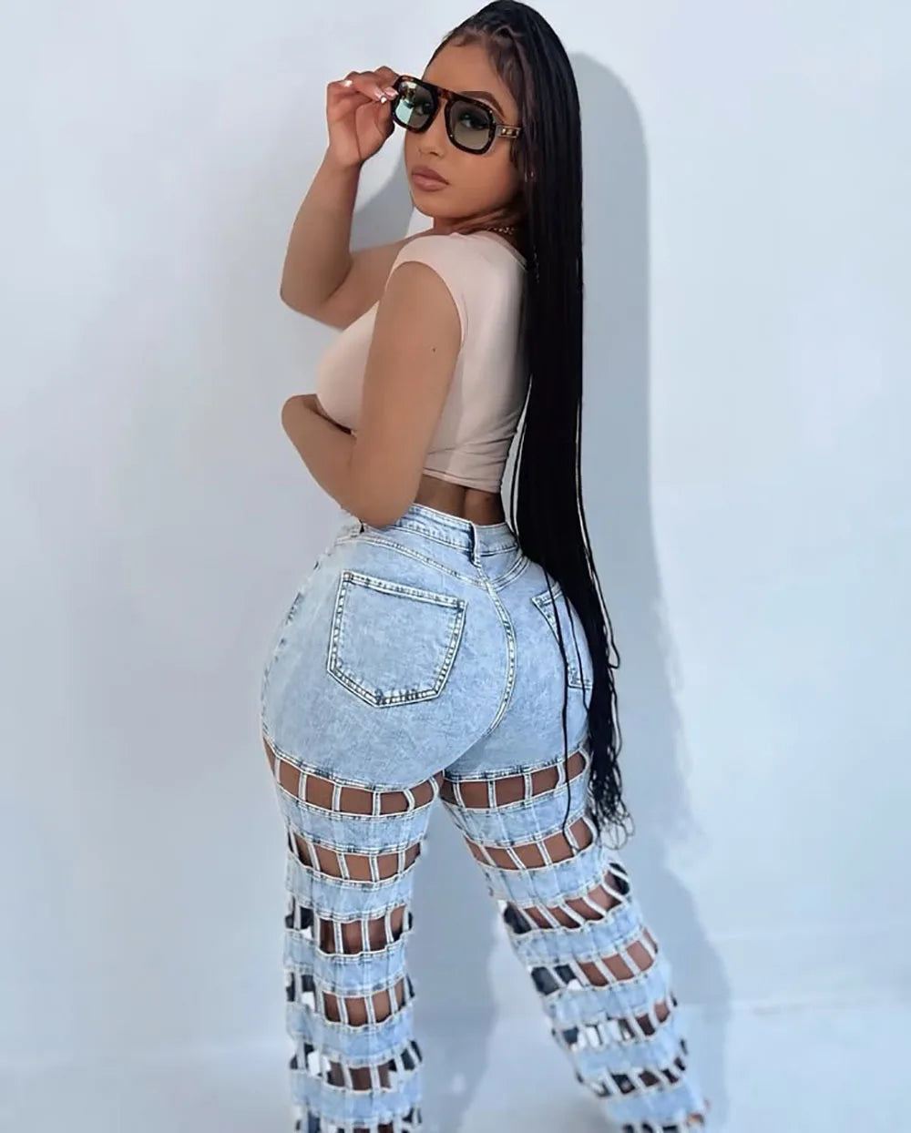 Denim Pant Women Jeans Long Pants Hollow Out High Waist Straight Mom Trousers Y2k Streetwear Elegant Splice Hole Casual Work Aviola