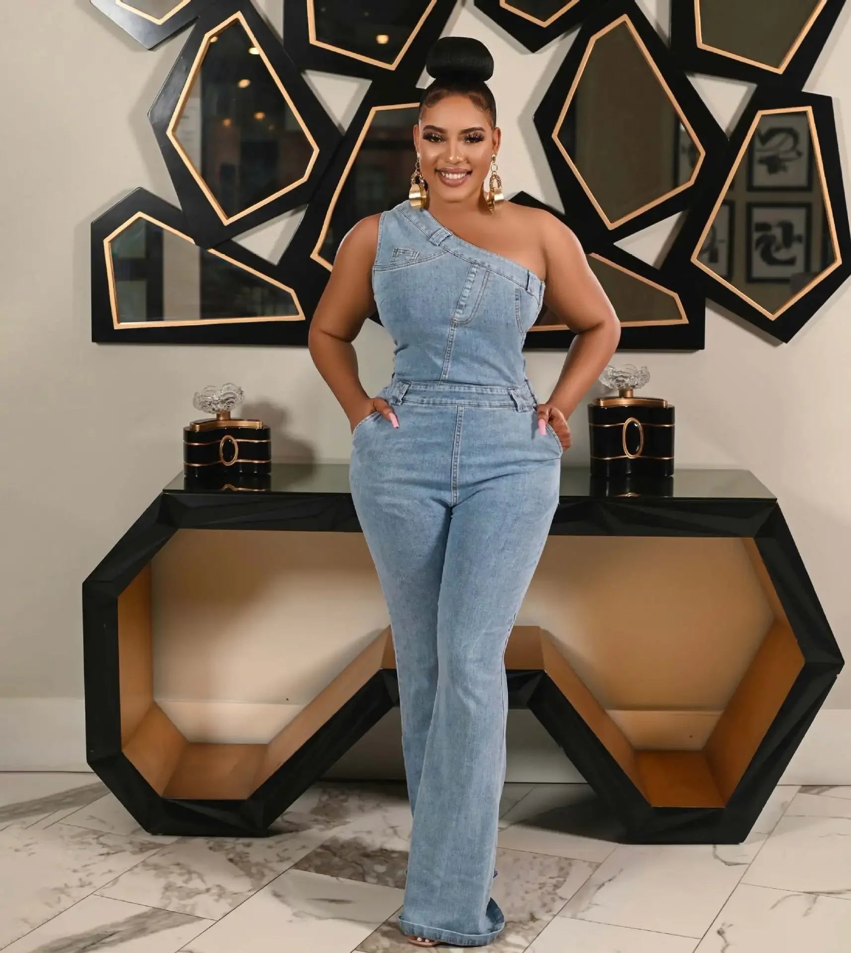Flare Denim Pants Full Length Women Jeans One Piece Overalls Spliced Solid Jumpsuits Loose Pockets High Waist Basics Washed Aviola