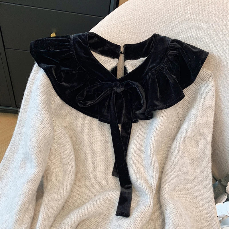 MEXZT Vintage Bow Sweater Women Streetwear Velvet Patchwork Knitted Pullovers Long Sleeve Knitwears Winter Korean Casual Jumpers Aviola
