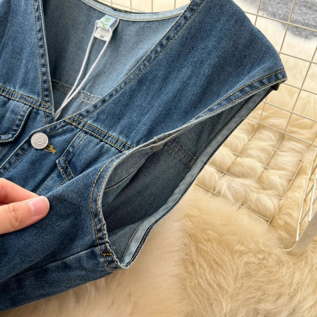Denim Jumpsuits Women One Piece Wide Leg Pants Washed Distressed Sleeveless Pockets 2025 Streetwear High Waist Jeans Trousers Aviola