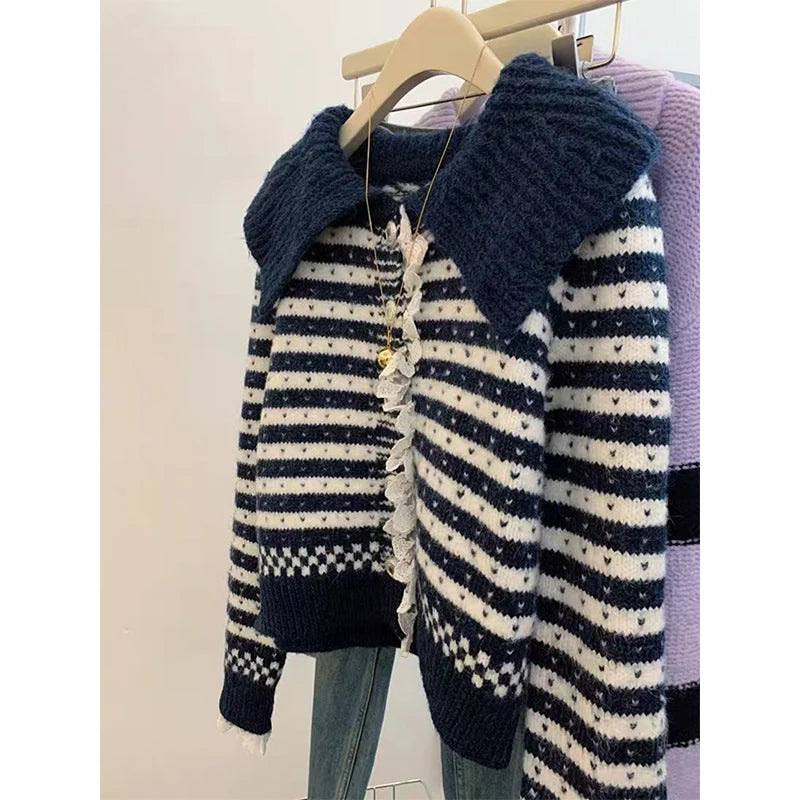 MEXZT Vintage Striped Knitted Cardigan Women Harajuku Cropped Sweater Outerwears Korean Lace Patchwork Knitwears Winter Jumpers Aviola
