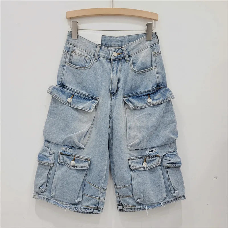 Denim Pant Women Mom Jeans Calf Length Pants Pockets High Waist Straight Trousers Y2k Streetwear Club Splice Casual Loose 2025 Aviola