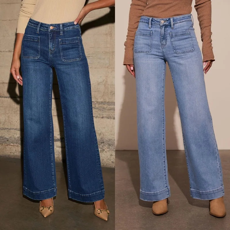 Wide Leg Pants Women Jeans Denim Long Pants Straight Trousers Vintage Button Pocket Blue Simple Loose Y2k High Waist Streetwear Aviola