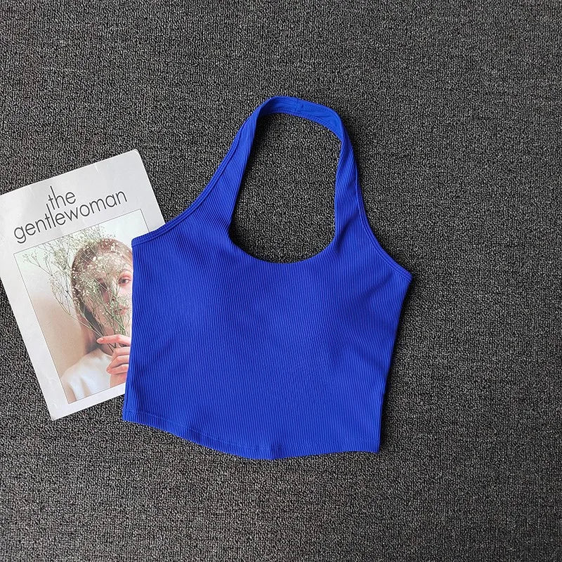 2023 Summer Sexy Sports Bra Rib Sport Top Underwear Women's Running Gathered Bra Hanging Neck Fitness Vest Fixed Padded Yoga Bra Aviola