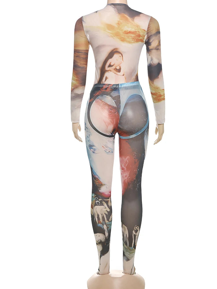 Nibber Skinny Aesthetic Print Women Tracksuit 2 Piece Set Sexy Hipster Thin Bodysuit+Leggings Tight Stretch Street Matching Suit Aviola