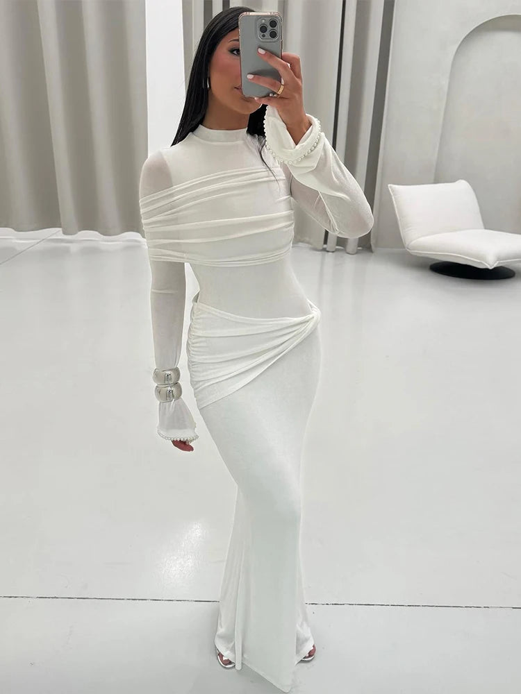 Nibber o-Neck Maxi Dress Women Mesh Long Sleeves Folds Elegant Temperament Autumn Trend Skinny Solid Banquet Simple Vestidos Aviola