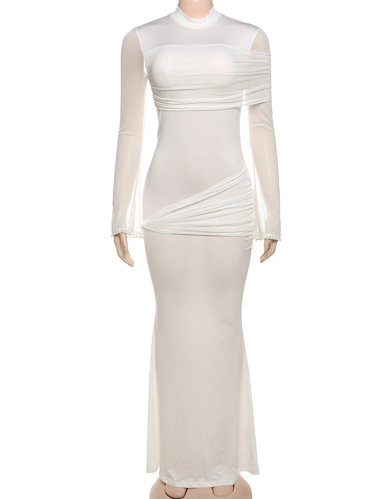 Nibber o-Neck Maxi Dress Women Mesh Long Sleeves Folds Elegant Temperament Autumn Trend Skinny Solid Banquet Simple Vestidos Aviola