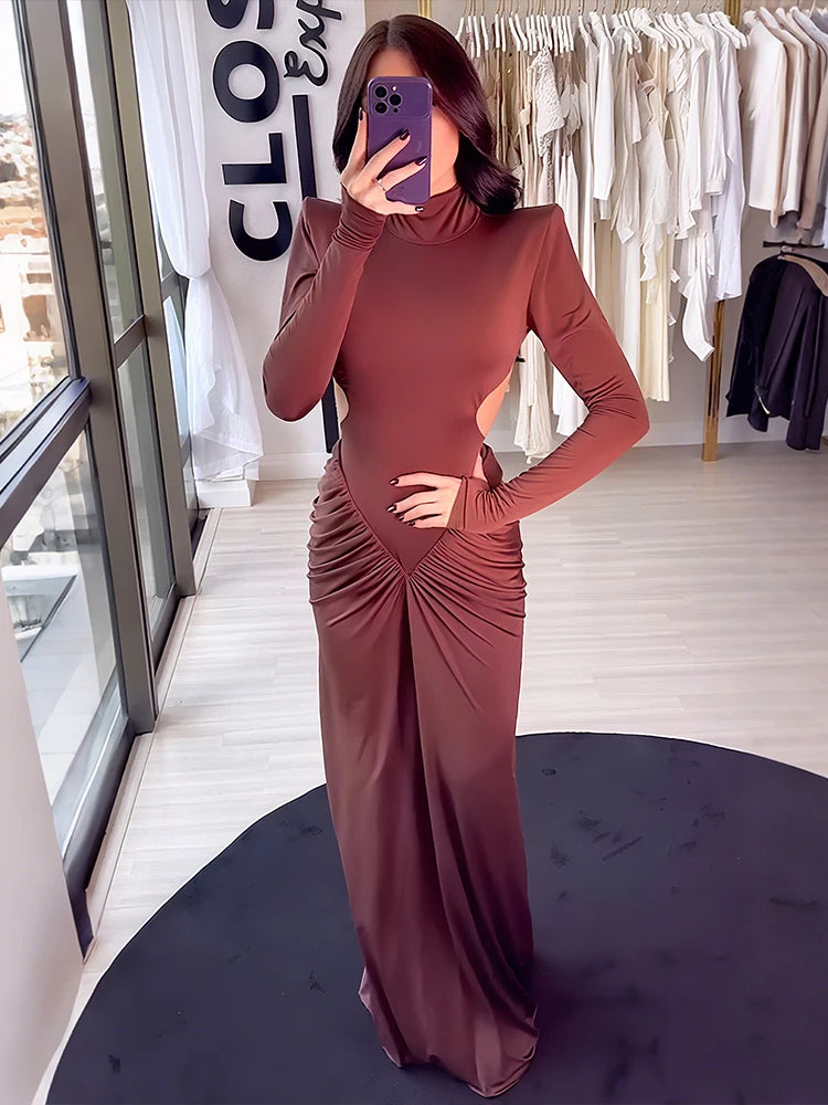 Nibber Backless Maxi Dress Women High Neck Long Sleeves Waistless Peach Buttocks Folds Shoulder Pads Elegant Banquet Vestidos Aviola