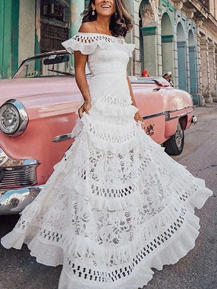 Black Long Dress Elegant One-Shoulder Solid Ruffle Long Evening Dress Summer Elegant Sleeveless Lace Hollow Party Sexy Dress Aviola