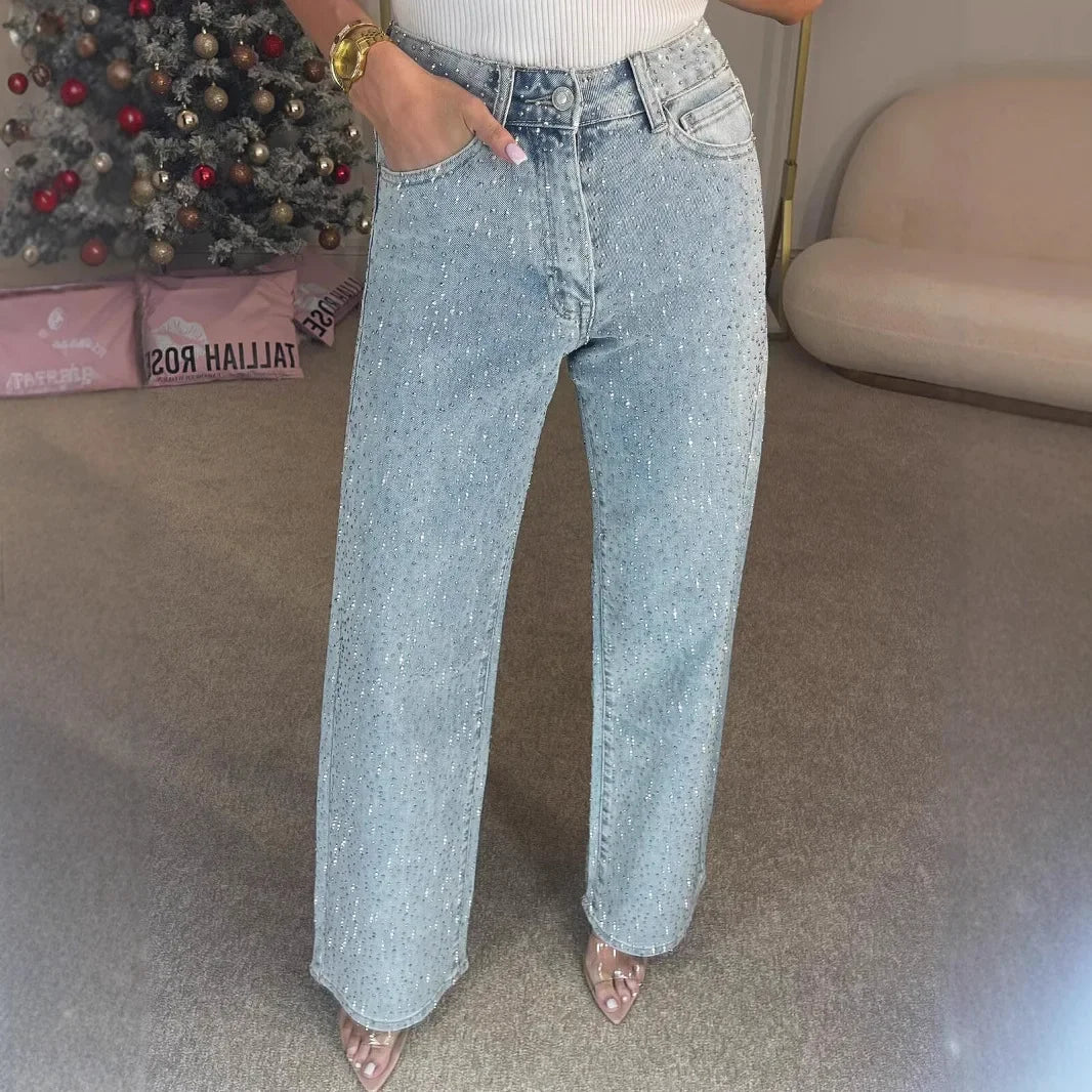 Jeans for Women Straight Diamonds Pants Stretch High Waist Washed Mom Jeans Vintage Denims Streetwear Y2k Streetwear Trousers Aviola