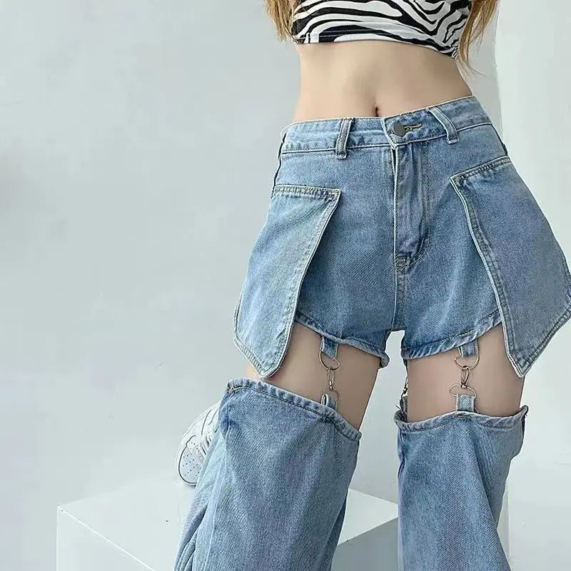 Denim Pant Women Jeans Wide Leg Long Pants Hole Two Fakes High Waist Straight Trousers Y2k Streetwear Elegant Work Summer Aviola