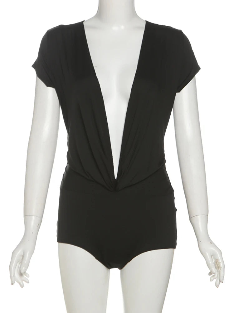Nibber Deep v-Neck Bodysuits Women Folds Skinny High Elasticity Solid Simple Classic Sexy Midnight Summer Streetwear Outfits Aviola