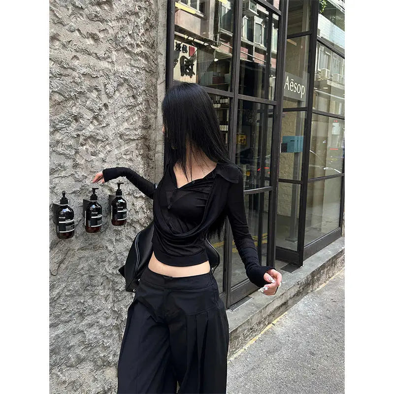 MEXZT Y2K Coquette Black T Shirts Women Sexy Cropped V Neck Sheer Tops Gyaru Aesthetic Korean Fake Two Piece Long Sleeve Tees Aviola