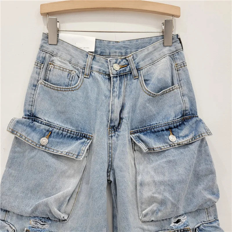 Denim Pant Women Mom Jeans Calf Length Pants Pockets High Waist Straight Trousers Y2k Streetwear Club Splice Casual Loose 2025 Aviola