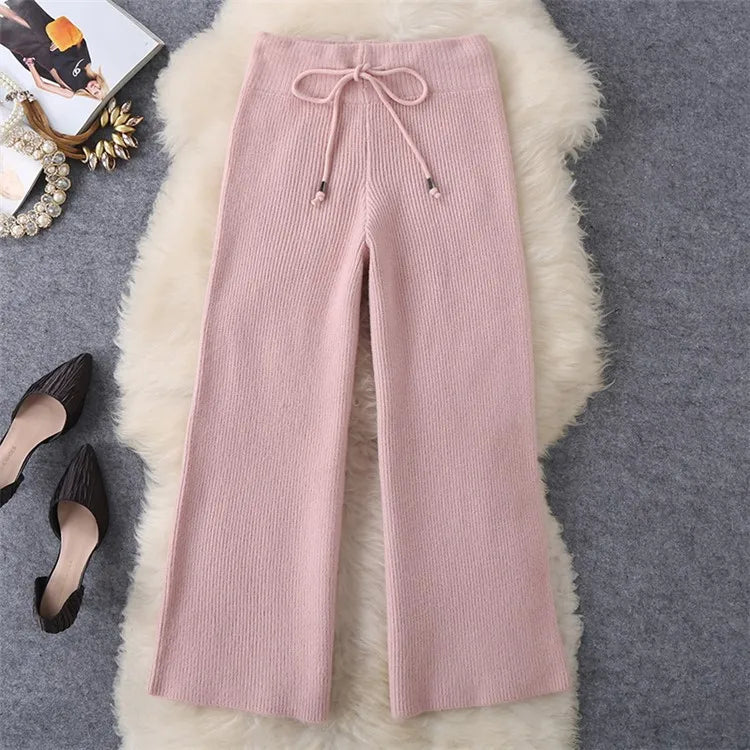 Women Tracksuit Thick Sweater Autumn Winter Knitted Two Piece Set Top+Knitted wide leg Pant Warm Sweater Elastic Trousers Suits Aviola