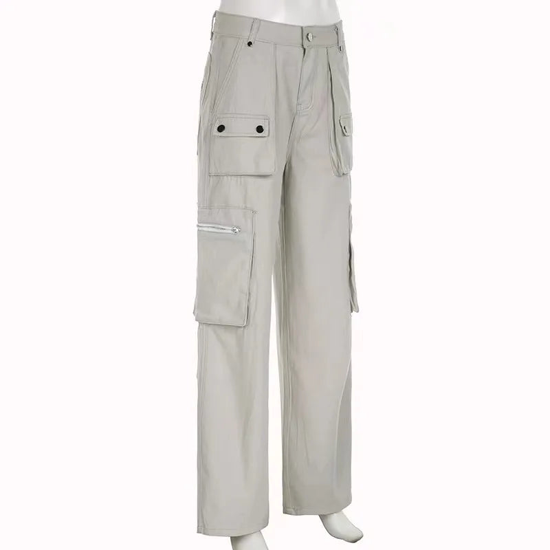 Cargo Pants Women Casual Jeans Utility Low Waist Trousers Pockets Zipper Straight Y2k Streetwear Loose 2025 Summer Party Club Aviola