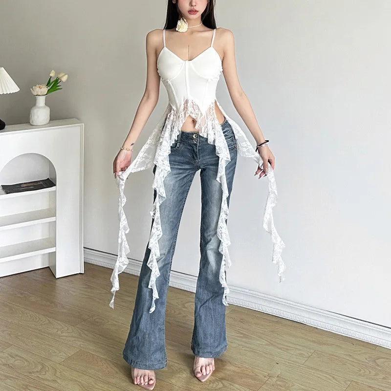 MEXZT Y2K Irregular White Tank Top Women Sexy Lace Ruffles Backless Black Corset Summer Gyaru Streetwear Grunge Bandage Camis Aviola