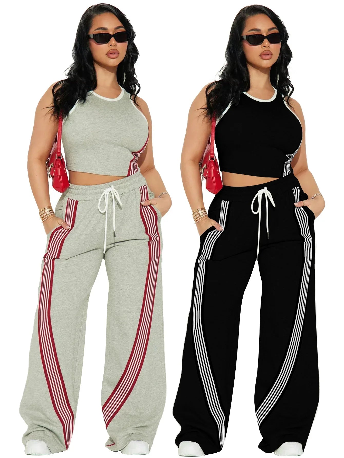 Two Piece Sets Women Sports Suit Vest Top Wide Leg Pants Striped Elastic Waist Matching Sets Trousers Sportswear 2025 Tracksuit Aviola