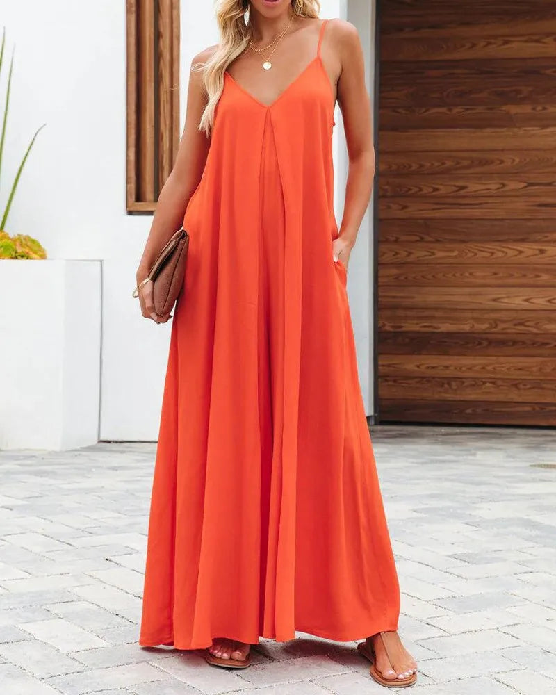 Women Jumpsuits V Neck One Piece Ankle Length Wide Leg Pants Rompers Backless Overalls Solid Pockets Loose Casual Mid Waist Aviola