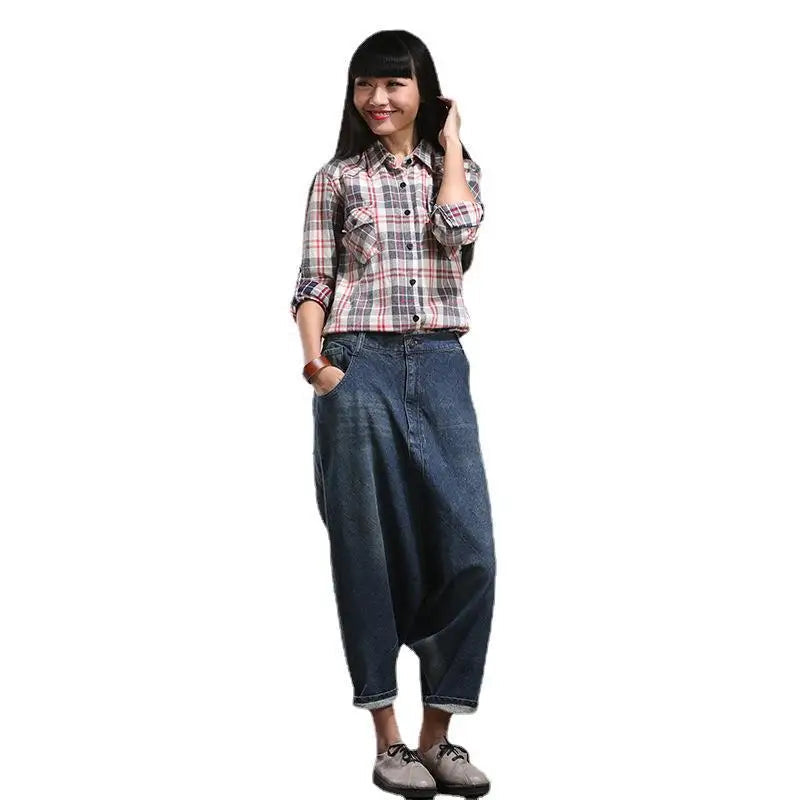 Harem Denim Pants Women Vintage Jeans Spliced Pockets Streetwear Loose Jean Washed Zipper Fly Distressed Ankle Length 2024 Aviola