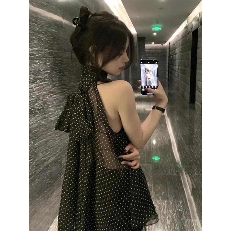 MEXZT Elegant Polka Dots Shirts Women Korean Sheer Halter Bandage Chiffon Blouses Summer Ladies Fashion Print Casual Design Tops Aviola