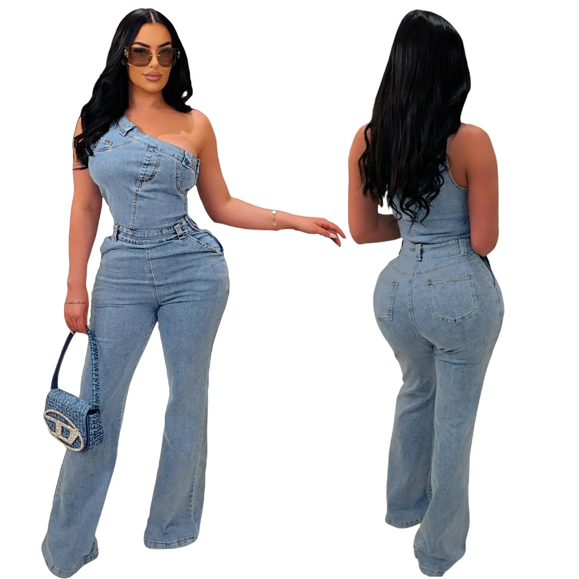 Flare Denim Pants Full Length Women Jeans One Piece Overalls Spliced Solid Jumpsuits Loose Pockets High Waist Basics Washed Aviola