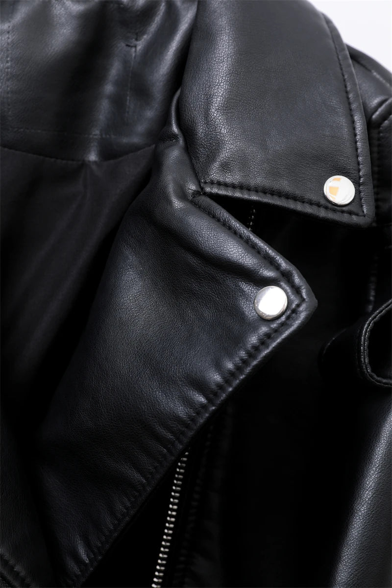 RARF  New 2024 Women's motorcycle leather PU imitation leather loose jacket black jacket Aviola