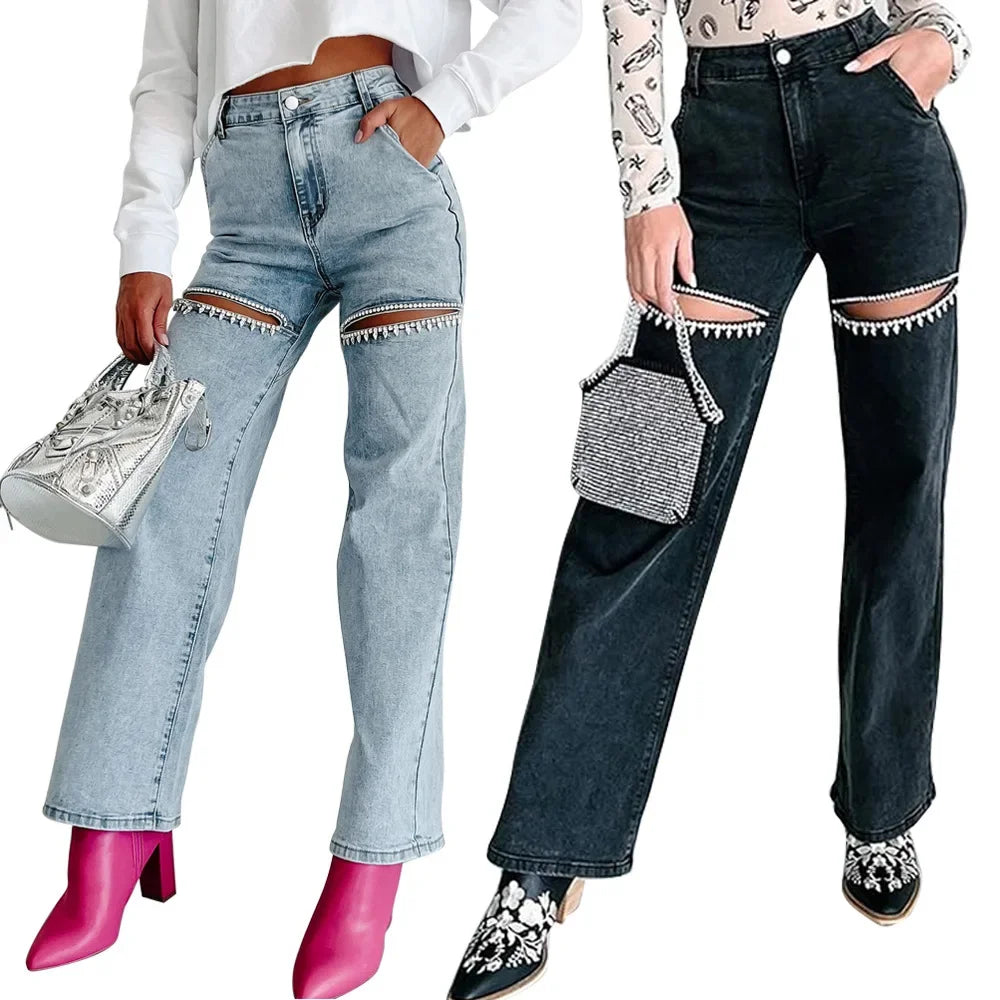 Denim Jeans for Women Streetwear Straight Pants Hole Diamonds Mid Waist Washed Distressed 2025 Casual Mom Ankle Length Trousers Aviola