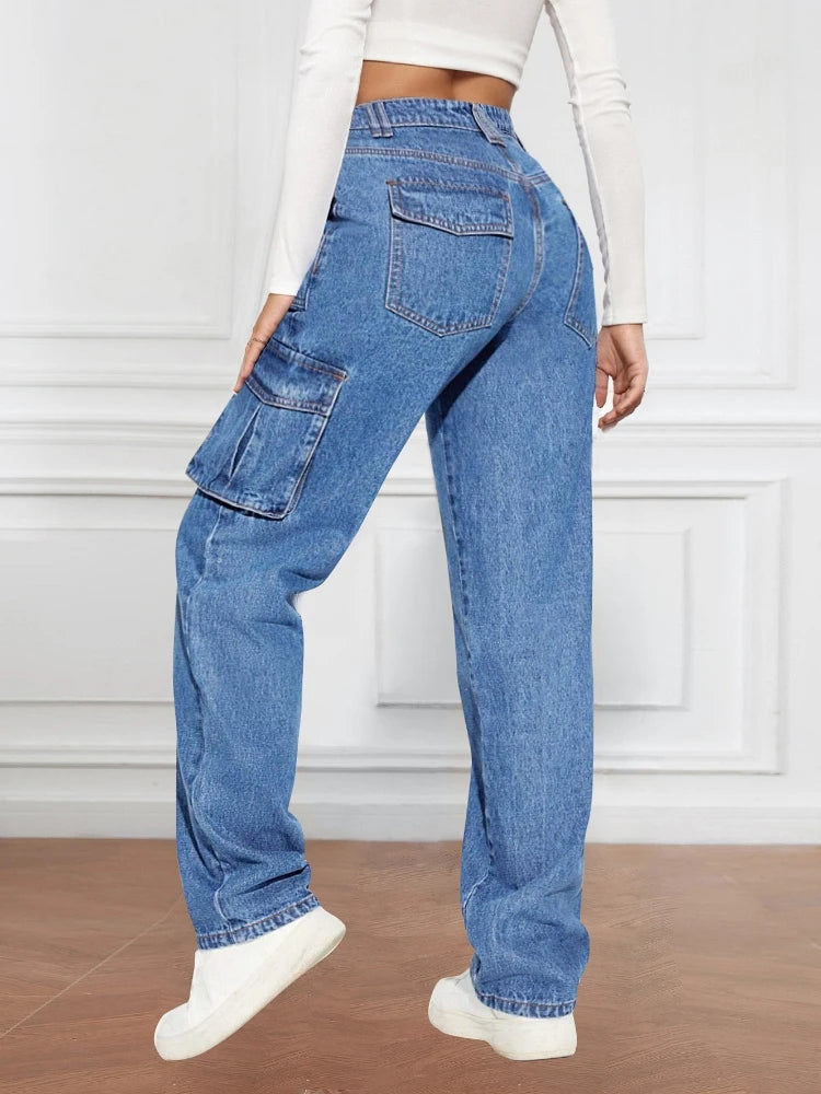 Denim Pant Women Mom Jeans Long Pants Mid Waist Straight Trousers Y2k Streetwear Elegant Splice Slim Fit Work Pocket Casual Aviola