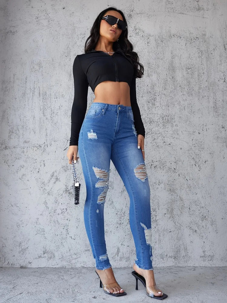 Ankle Length Ripped Hole High Waist Jean Sheath Pencil Denim Pants Skinny Solid Pockets Streetwear Distressed Vintage Slim Aviola