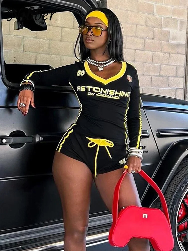 Nibber Women Tracksuit 2 Piece Set Stroke Tight Hipster Letter Print Sporty Casual Crop Tops+Shorts Vitality Matching Outfits Aviola