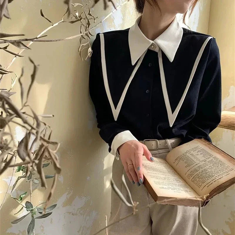 MEXZT Vintage Elegant Shirts Women Chiffon Patchwork Ruffle Turn Down Collar Long Sleeve Blouse Korean Office Lady Loose Tops Aviola