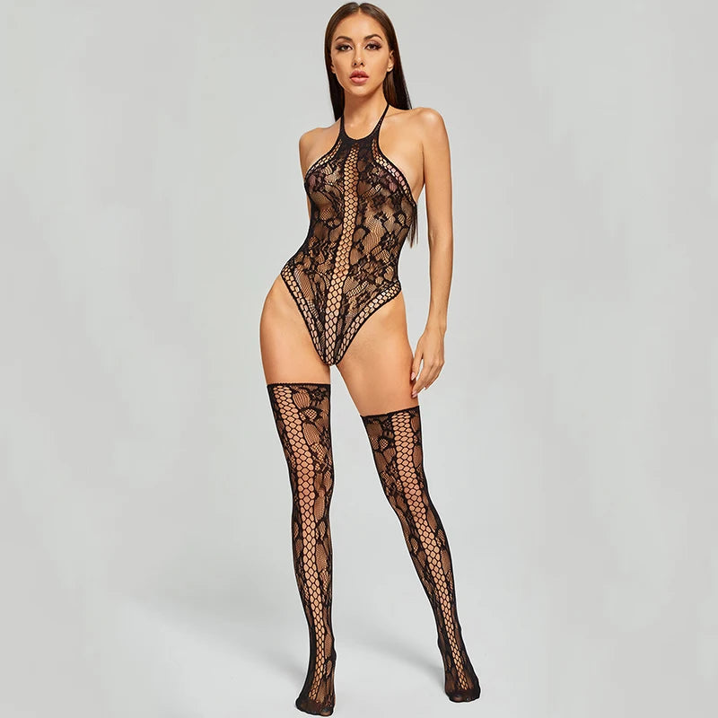 Lace Floral Halter Neck Underwear Set Erotic Costume Mesh Stretch Bodysuit With Stockings Sexy Teddy Bodycon Lingerie Sets Women Aviola