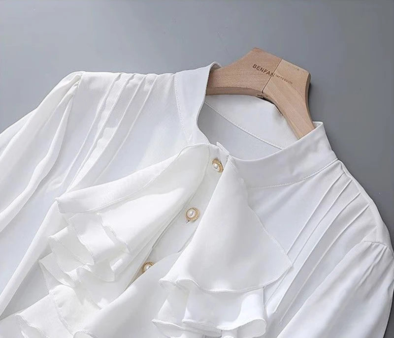 MEXZT Vintage White Shirts Women Elegant Ruffles Flare Long Sleeve Blouses Office Ladies Korean Single Breasted Design Chic Tops Aviola